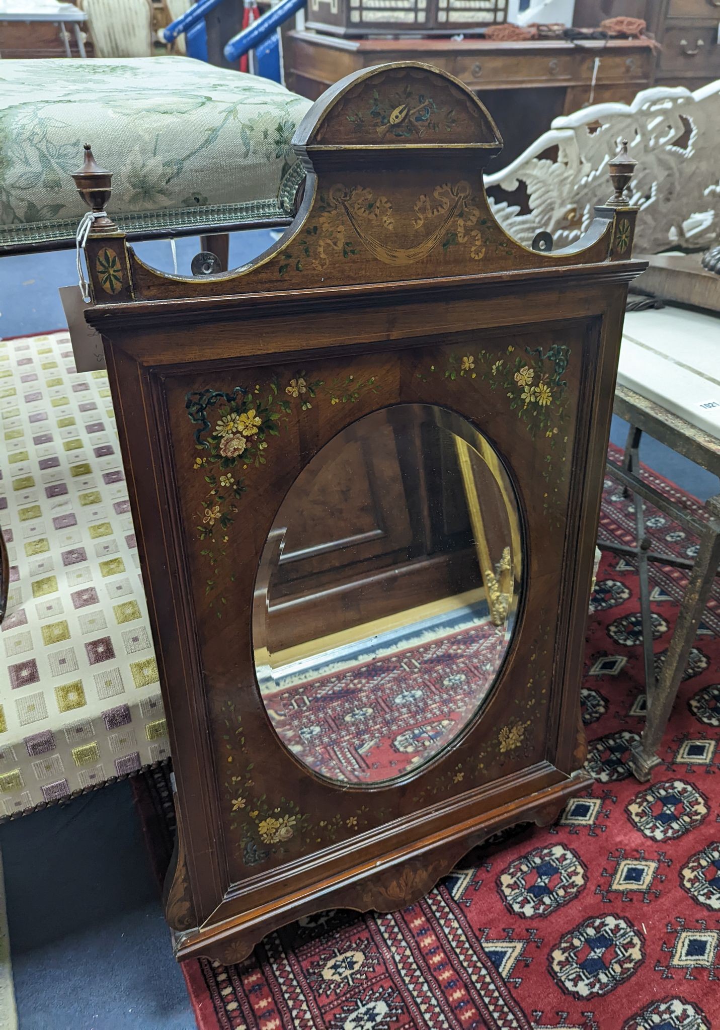 An Edwardian floral painted rectangular inlaid walnut wall mirror, with oval plate, width 50cm, height 91cm